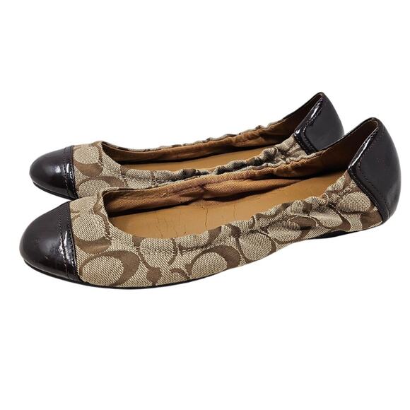 Coach 9.5 Callie Ballet Flat Signature Brown Cap Toe Leather Logo Casual - Picture 1 of 4